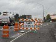 Drivers traveling north on Interstate 5 pass a closed ramp for the Washington State Patrol weigh station just north of Ridgefield. The station has been closed since October for a $3.7 million renovation project.