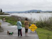 Sara Bernal of Vancouver, in blue, joins her dog, Lola, in green, her daughter, Adriana Ocampo, and Adriana’s dog, Dexter, in yellow, as they take in a view of a swollen Columbia River near Columbia Shores Condominium on Thursday morning, April 11, 2019.