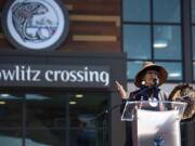 Cowlitz Indian Tribe spiritual leader Tanna Engdahl gives a blessing before the ribbon-cutting ceremony for the Cowlitz Crossing opening.