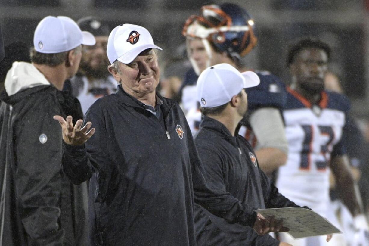 Orlando Apollos coach Steve Spurrier reacts after a play in a recent game. The Alliance of American Football is suspending operations eight games into its first season. (AP Photo/Phelan M.