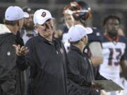 Orlando Apollos coach Steve Spurrier reacts after a play in a recent game. The Alliance of American Football is suspending operations eight games into its first season. (AP Photo/Phelan M.