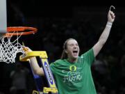 Oregon guard Sabrina Ionescu celebrates a regional final victory over Mississippi State in the NCAA women's college basketball tournament Sunday, March 31, 2019, in Portland, Ore. Oregon defeated Mississippi State 88-84.