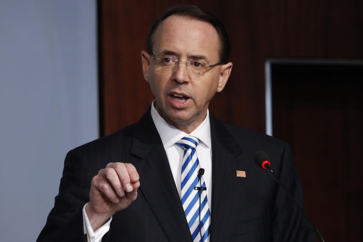 FILE - In this Feb. 25, 2019, file photo, Deputy Attorney General Rod Rosenstein speaks at a Center for Strategic and International Studies (CSIS) event on the rule of law in Washington. Rosenstein has submitted a letter of resignation to President Donald Trump. It's effective May 11.