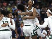 Baylor players celebrate after defeating Notre Dame in the Final Four championship game of the NCAA women's college basketball tournament Sunday, April 7, 2019, in Tampa, Fla. Baylor won 82-21.