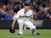 Seattle Mariners starting pitcher Marco Gonzales lets out a yell after an out against the Los Angeles Angels in the eighth inning of a baseball game, Tuesday, April 2, 2019, in Seattle.