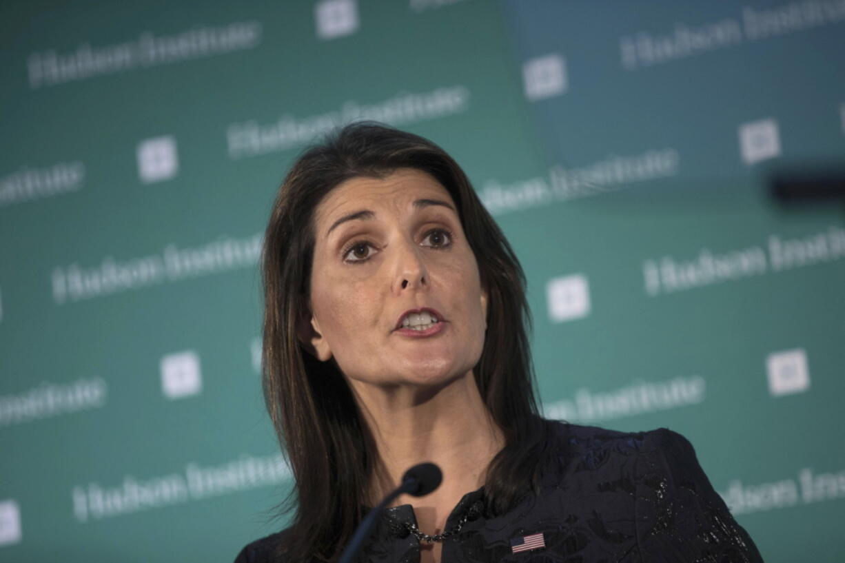 U.S. Ambassador Nikki Haley speaks Dec. 3 during the Hudson Institute’s 2018 Award Gala in New York. St. Martin’s Press said Wednesday that Haley’s book, currently untitled, will come out this fall.