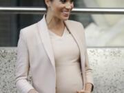 FILE - In this file photo dated Wednesday, Jan. 30, 2019, Britain’s Meghan, The Duchess of Sussex, leaves after visiting the National Theatre in London. Prince Harry and his pregnant wife Meghan, say they have decided to keep plans around their first baby’s arrival private, Kensington Palace officials said in a statement Thursday April 11, 2019.