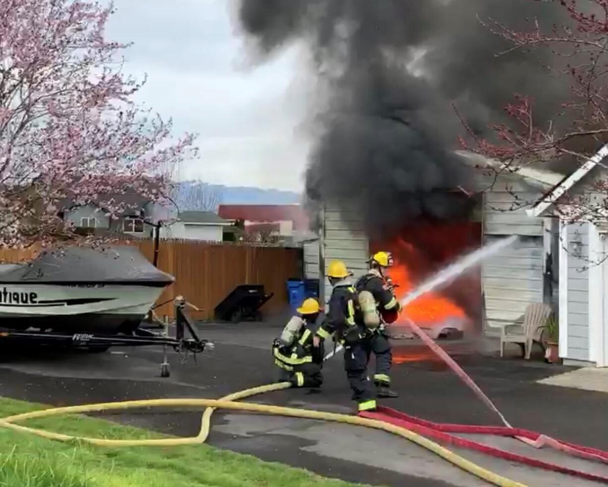 The Camas-Washougal Fire Department was dispatched Tuesday to a garage on fire in the 2200 block of Northwest 23rd Avenue in Camas. Firefighters were able to protect a nearby home, but the garage and its contents are considered a total loss.