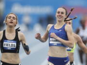 Alexa Efraimson, right, beats Hannah Fields, left, to the finish line in the women’s special 1500-meter run at the Drake Relays athletics meet, Saturday, April 27, 2019, in Des Moines, Iowa.