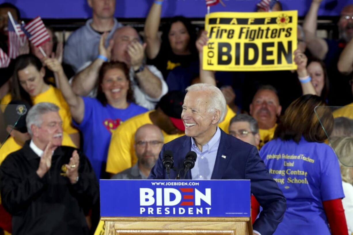 Democratic presidential candidate former Vice President Joe Biden speaks Monday during a campaign stop at a Teamsters union hall in Pittsburgh.