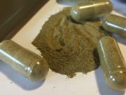 FILE - This Sept. 27, 2017 file photo shows kratom capsules in Albany, N.Y. A U.S. government report released Thursday, April 11, 2019 said the herbal supplement was a cause in 91 overdose deaths in 27 states.