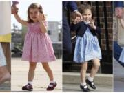 This combination photo shows Britain’s Princess Charlotte in Victoria, British Columbia, on Oct. 1, 2016, from left, in Hamburg, Germany on July 21, 2017, at St Mary’s Hospital in London on April 23, 2018 and at the Chapel Royal, St James’s Palace in London, on July 9, 2018. The bite-size princess is a fashion influencer with some of her smock dresses selling out in just a few hours.