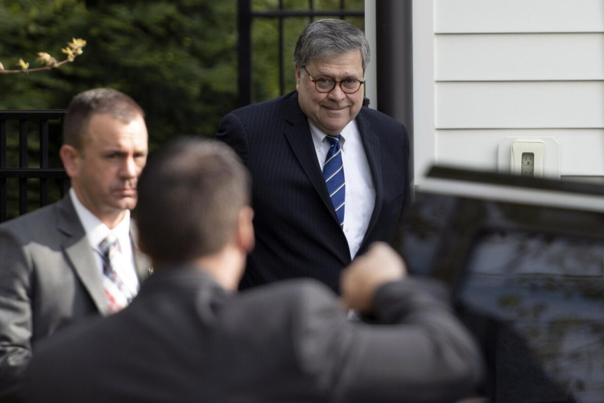 Attorney General William Barr leaves his home in McLean, Va., on Wednesday morning, April 17, 2019. Special counsel Robert Mueller’s redacted report on Russian interference in the 2016 election is expected to be released publicly on Thursday and has said he is redacting four types of information from the report. Congressional Democrats are demanding to see the whole document and its evidence.