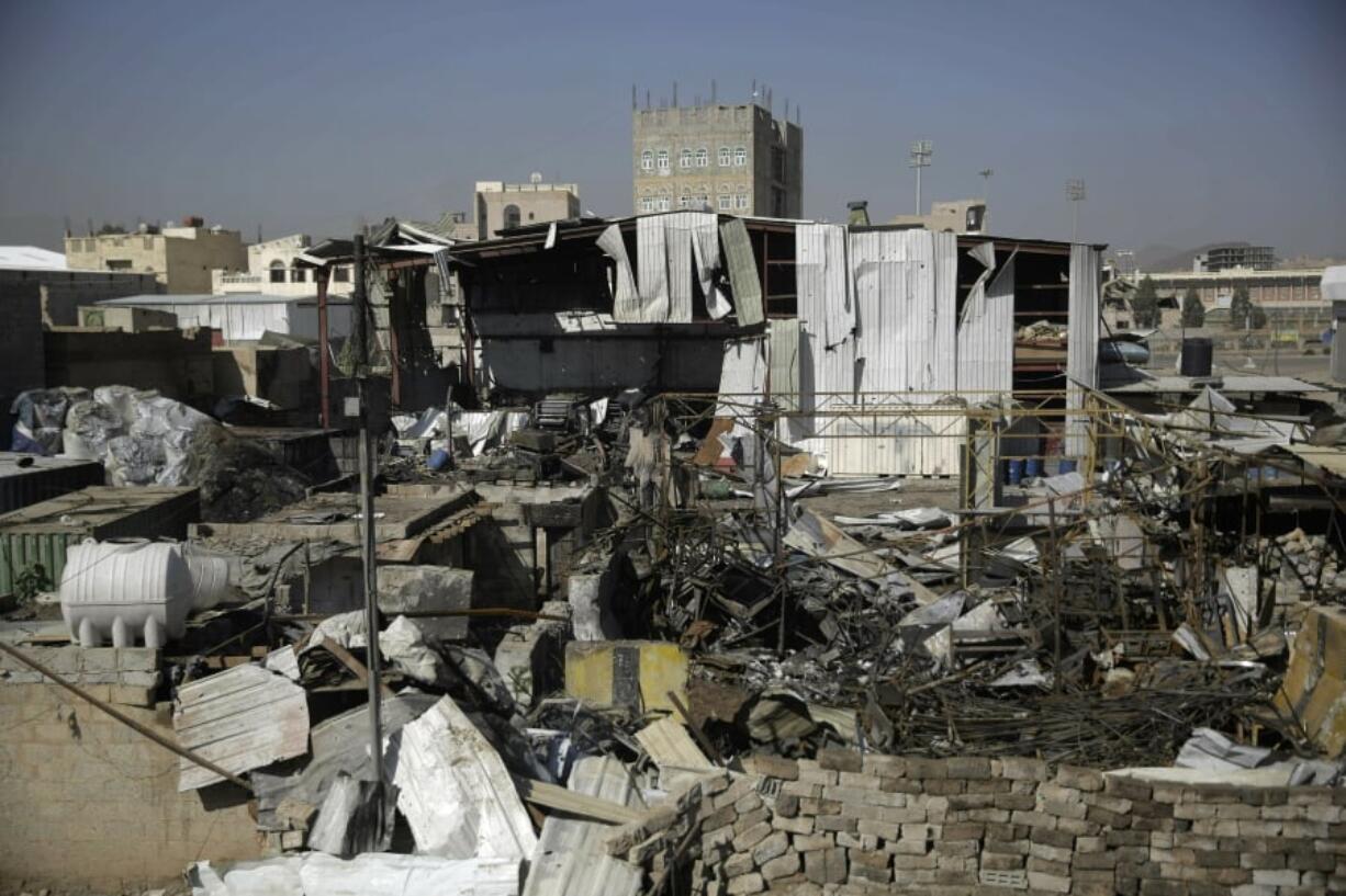 FILE - This April 10, 2019, file photo shows a view of the site of an airstrike by Saudi-led coalition in Sanaa, Yemen.