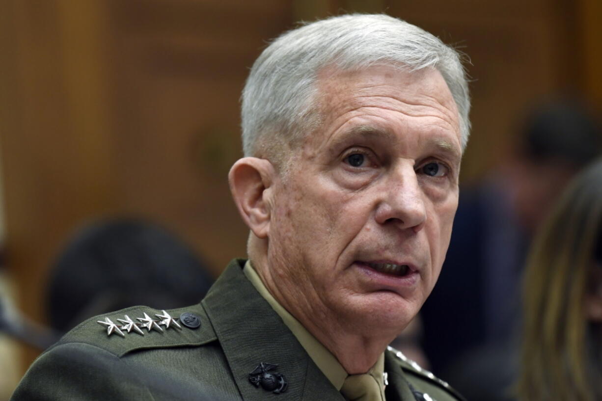 FILE - In this March 7, 2019 file photo, U.S. Africa Command Commander Gen. Thomas Waldhauser testifies before the House Armed Services Committee on Capitol Hill in Washington. U.S. Africa Command says new information shows a woman and a child were killed in a U.S. airstrike that was targeting al-Shabab insurgents in Somalia last year. The information released Friday contradicts military insistence last month no civilians had been killed in Somalia strikes since 2017, despite a human rights group’s claims casualties had occurred.