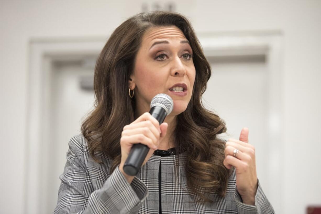 U.S. Rep. Jaime Herrera Beutler, R-Battle Ground, speaks during the Goldendale Grange Hall candidate forum Oct. 17.