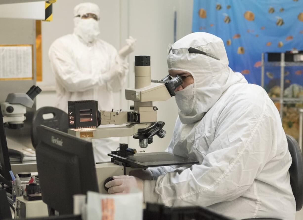 A technician at nLIGHT in Vancouver inspects a laser facet for defects under a microscope.