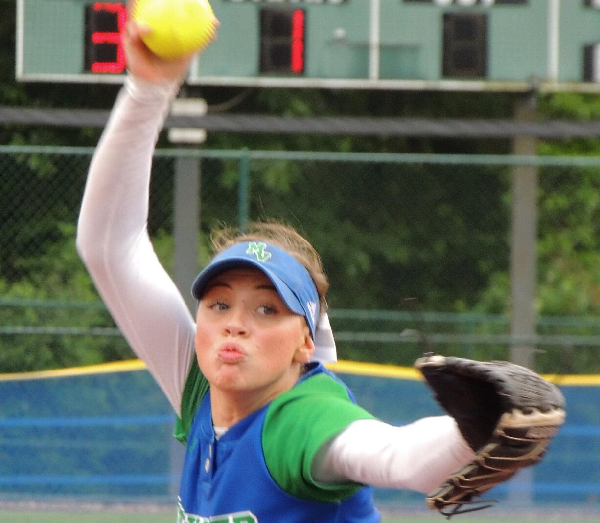 Mountain View junior pitcher Sydney Brown throws a pitch during the Thunder's 10-5 opening round win over Juanita in the 3A state softball tournament at the RAC in Lacey. Brown struck out 20 over her two complete game wins.