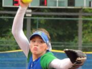 Mountain View junior pitcher Sydney Brown throws a pitch during the Thunder's 10-5 opening round win over Juanita in the 3A state softball tournament at the RAC in Lacey. Brown struck out 20 over her two complete game wins.