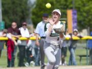 Woodland's Kelly Sweyer catches the ball for the first out of the 7th inning during the 2A softball state championship game against W.F. West on Saturday, May 25, 2019 at Carlon Park in Selah, Wash.