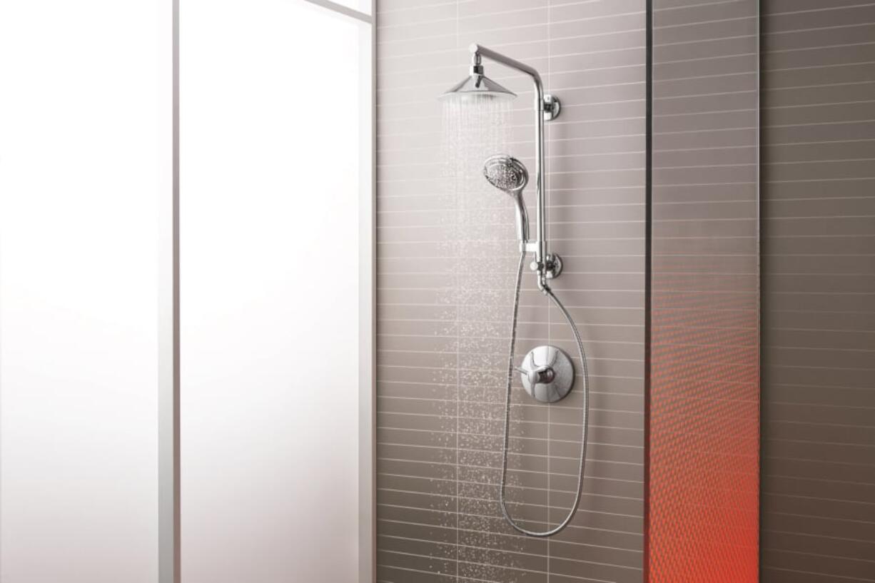 Kohler’s Moxie showerhead coordinates with its Flipside hand shower and HydroRail Shower Column.