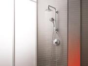 Kohler’s Moxie showerhead coordinates with its Flipside hand shower and HydroRail Shower Column.