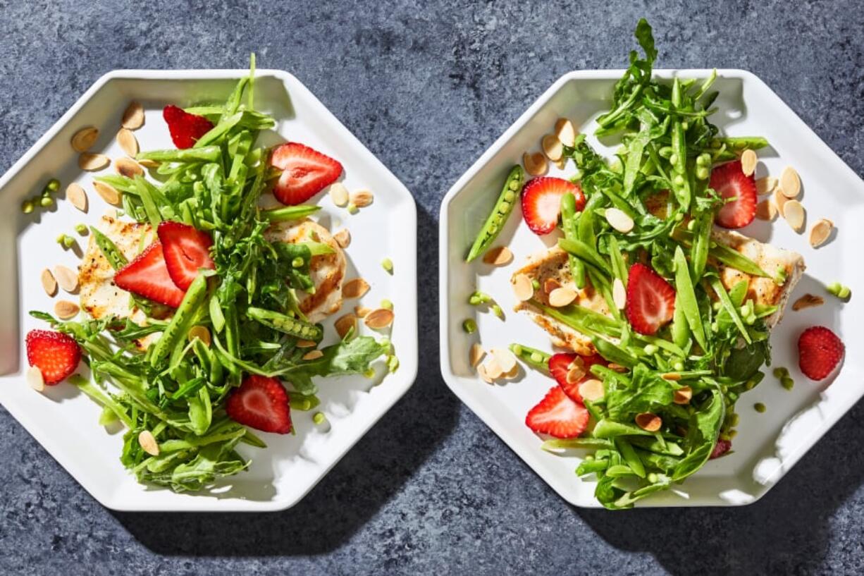 Grilled Chicken Paillards With Sugar Snap Pea and Strawberry Salad.