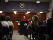 Tabby Stokes of Vancouver speaks during a celebration Thursday for Clark County Adult Felony Drug Court’s 20th anniversary.