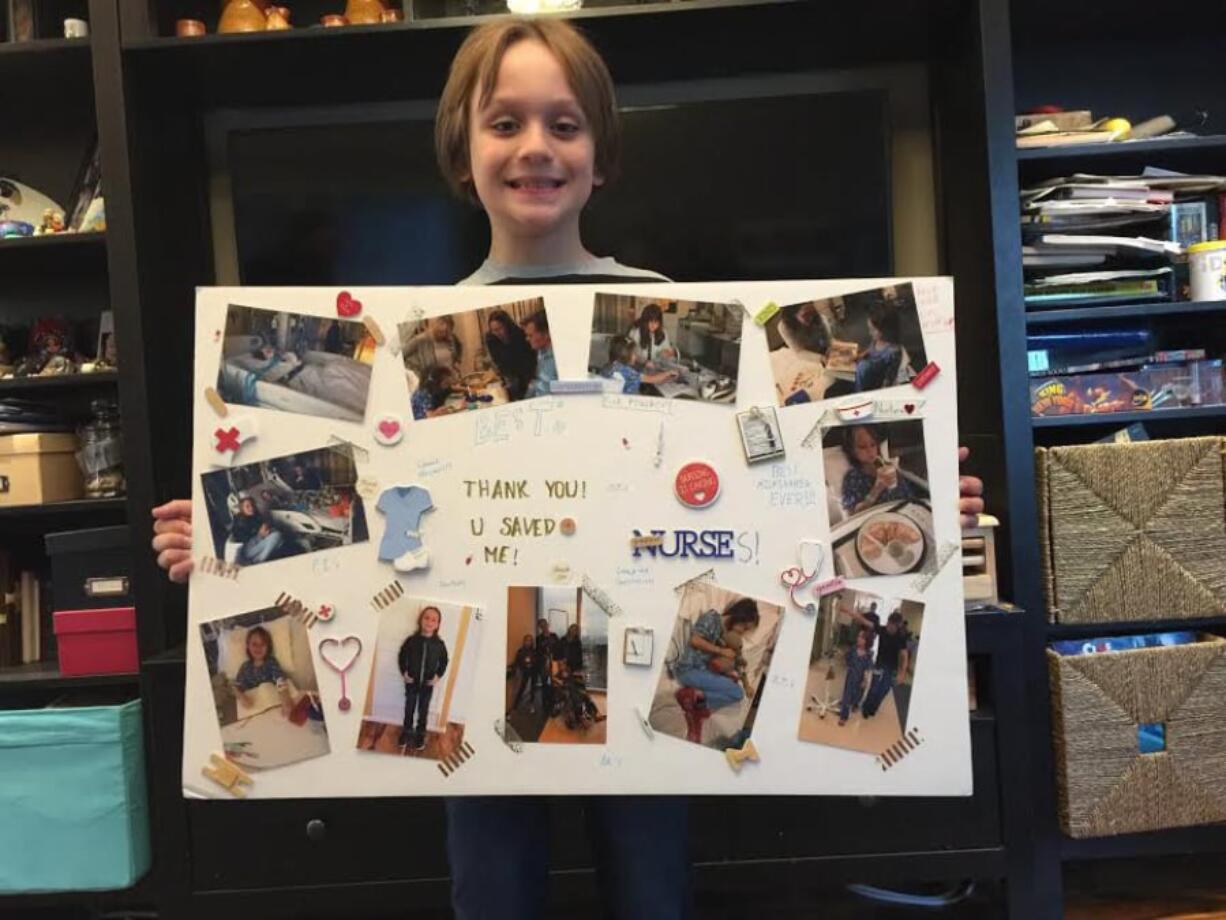 Connor Kassing plans to give a thank-you poster to the staff at Randall Children’s Hospital, who cared for him during his nearly two-week stay while recovering from a brain bleed.