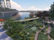 Concept renderings show the planned East Portal, a new stormwater treatment facility at the east end of the Terminal 1 site. The Waterfront Renaissance Trail crosses over it on a bridge.