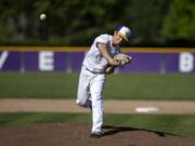 Columbia River's Nick Alder (5) pitches during the game against Centralia in the first round of the 2A district baseball tournament at Columbia River High School in Vancouver on Tuesday May 7, 2019.