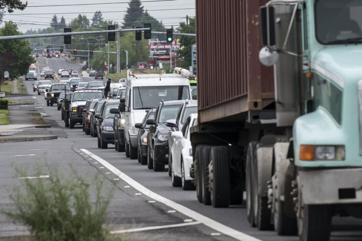 Traffic stacks up north of the state Highway 500 -Northeast Fourth Plain Boulevard intersection during morning rush hour on Thursday.