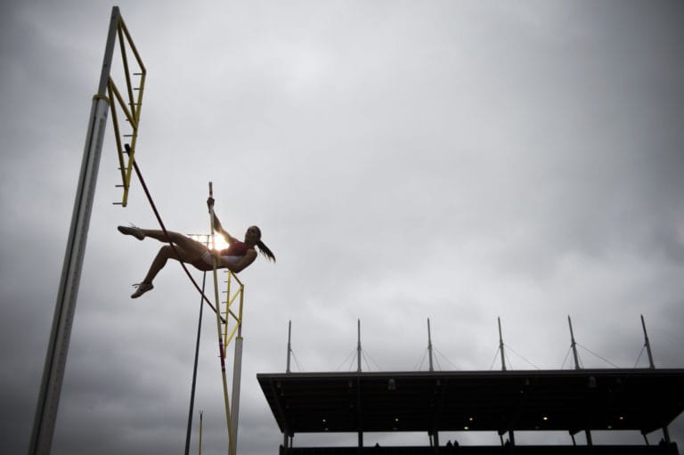 Marysville's Summer Sanden competes during the 3A Girls Pole Vault  at the WIAA state track meet at Mount Tahoma High School in Tacoma on Friday, May 24, 2019 (Nathan Howard/The Columbian)