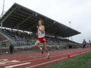 Camas’ Daniel Maton crosses the finish line to win the 4A 800 Meter race during the WIAA state track meet at Mount Tahoma High School in Tacoma on Saturday, May 25, 2019 (Nathan Howard/The Columbian)