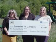 partners in careers West Vancouver: The nonprofit group Partners in Careers was awarded a $10,000 from local agency Davidson & Associates Insurance through the 2019 Safeco Insurance Make More Happen Award program. From left, Carmen Jacobson, Safeco Insurance; Sharon Pesut, Partners in Careers; and Emily McCoy, Davidson & Associates Insurance, hold the check, which will benefit veterans in need.