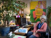 Margo Priebe, a legal advocacy specialist at YWCA Clark County in Vancouver, fills her office with plants, paintings and things that bring her joy. “It’s really, really hard work, so you need to have a beautiful environment,” she said. Priebe was a victim of domestic violence when she was a child and was drawn to the job to try to heal herself as well as others.