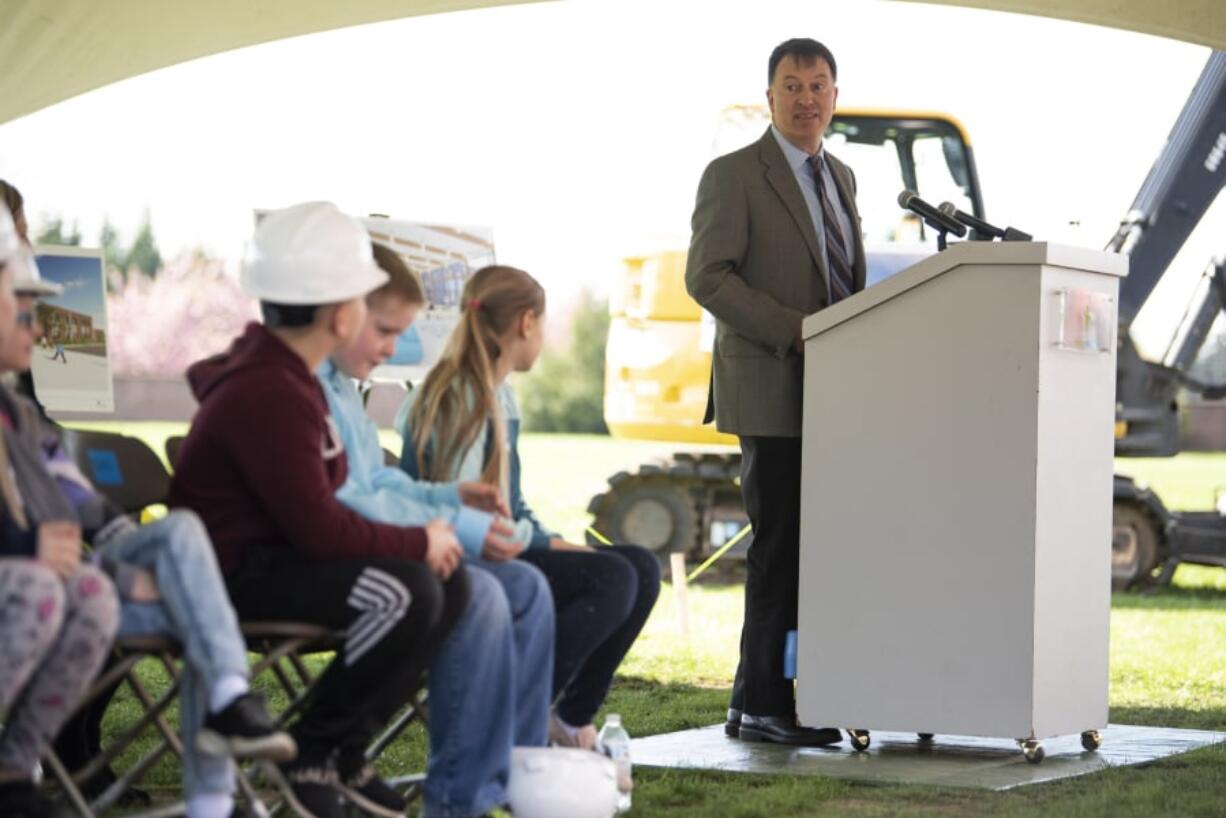 Evergreen Public Schools superintendent Mike Merlino speaks during an assembly at Sifton Elementary School to break ground on the new campus in Vancouver in April.