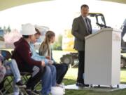 Evergreen Public Schools superintendent Mike Merlino speaks during an assembly at Sifton Elementary School to break ground on the new campus in Vancouver in April.