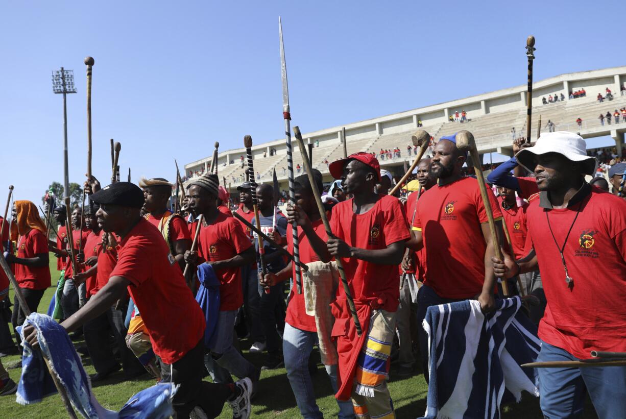 Members of the Congress of South Africa Trade Unions (COSATU) attend a May Day rally in Pinetown, Durban, South Africa Wednesday May 1, 2019. The rally was attended by South African President and President of the African National Congress (ANC) Cyril Ramaphosa a week before national elections take place.