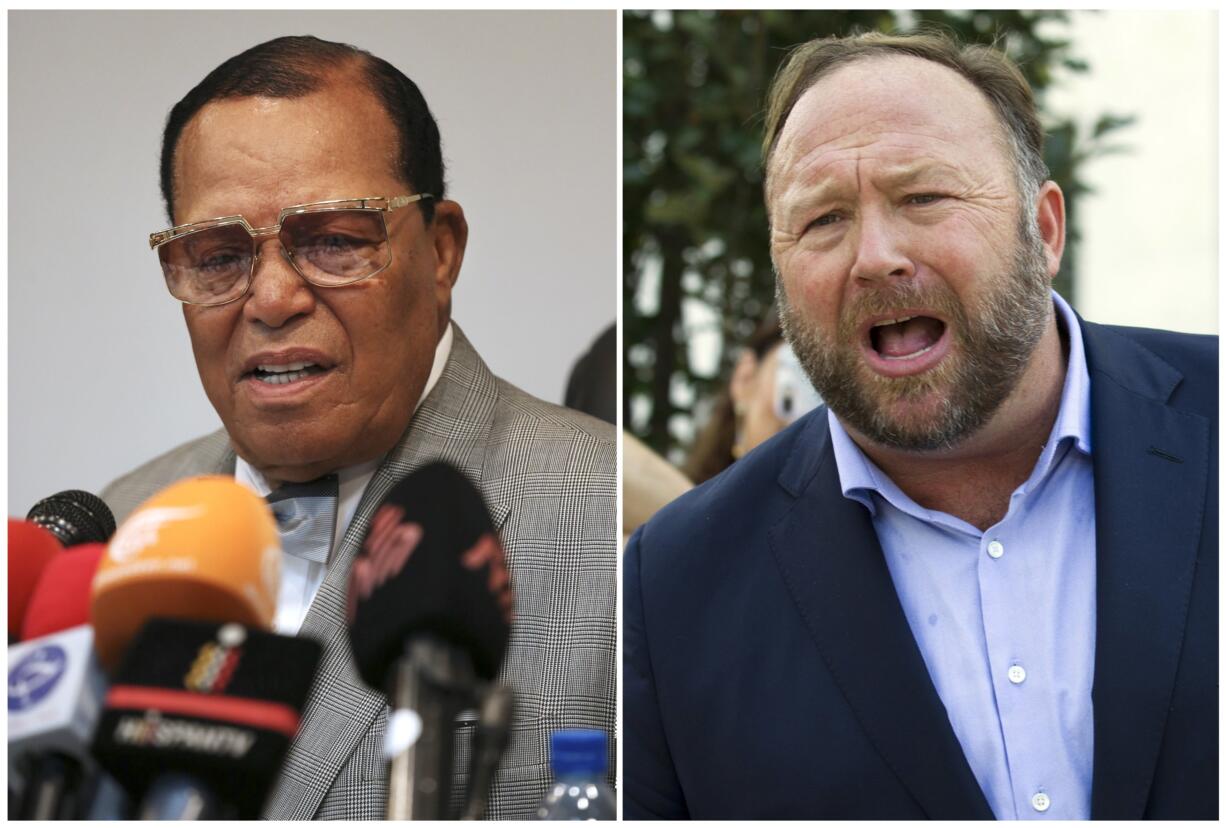 This combination of file photo shows minister Louis Farrakhan, the leader of the Nation of Islam, in Tehran, Iran, on Nov. 8, 2018, left, and conspiracy theorist Alex Jones in Washington on Sept. 5, 2018, right. Facebook has banned Louis Farrakhan, Alex Jones and others from its platform and from Instagram saying they violated its ban against hate and violence. The company said Thursday it has also banned extreme right-wing figures Paul Nehlen, Milo Yiannopoulos, Paul Joseph Watson, Laura Loomer and the conservative conspiracy site Infowars. Jones was already banned from Facebook but not from Instagram.