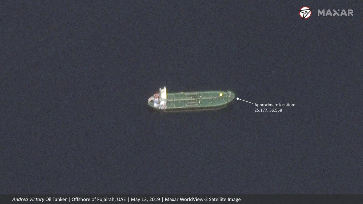 This satellite image provided by Maxar Technologies shows the Norwegian-flagged oil tanker Andrea Victory off the coast of Fujairah, United Arab Emirates, Monday, May 13, 2019. As many as four oil tankers anchored in the Mideast were damaged in what Gulf officials described Monday as a "sabotage" attack off the coast of the United Arab Emirates.