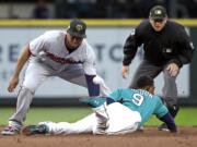 The ball pops away from Minnesota Twins second baseman Jonathan Schoop, left, as Seattle Mariners' Dee Gordon steals second base during the third inning of a baseball game Friday, May 17, 2019, in Seattle.