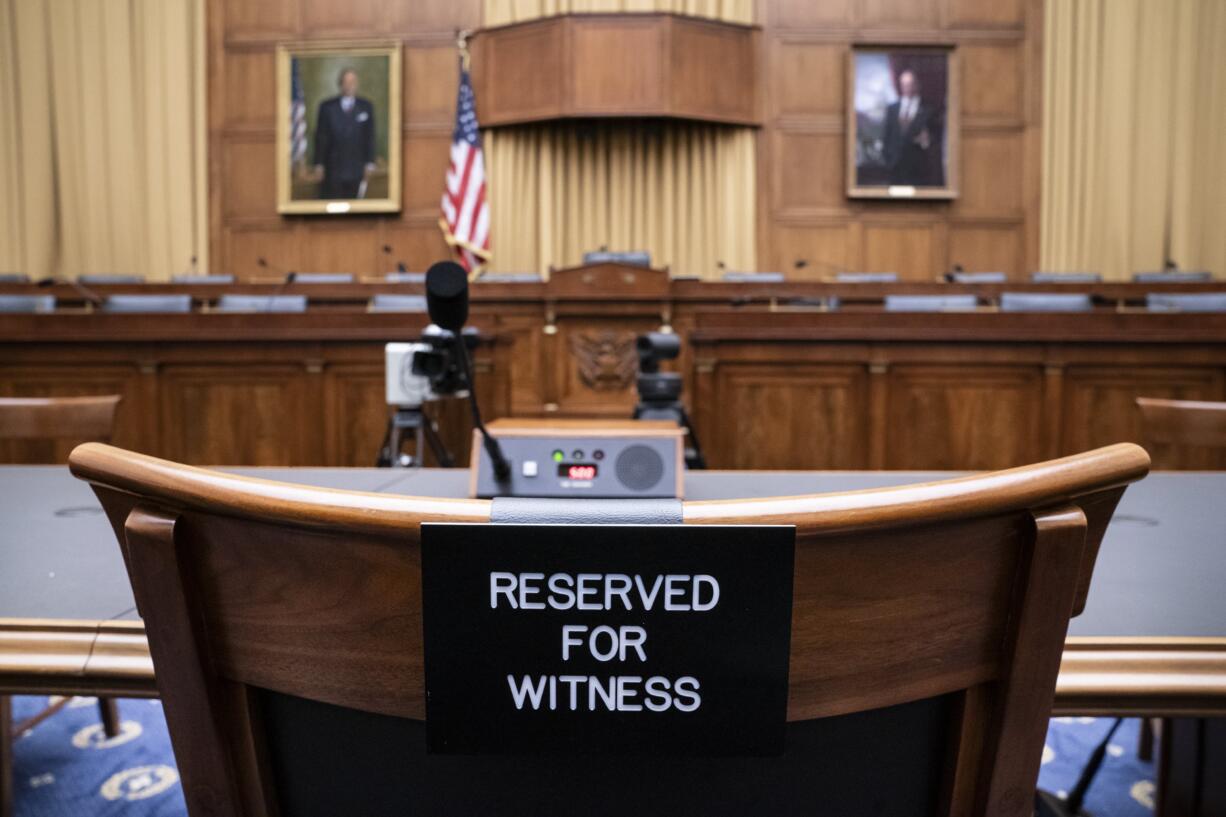 The witness chair in the House Judiciary Committee is expected to be without former White House Counsel Don McGahn, who was a key figure in special counsel Robert Mueller's investigation, on Capitol Hill in Washington, Tuesday, May 21, 2019. President Donald Trump directed McGahn to defy a congressional subpoena to testify but the committee's chairman, Rep. Jerrold Nadler, D-N.Y., has threatened to hold McGahn in contempt of Congress if he doesn't appear. (AP Photo/J.