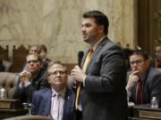 Rep. Brandon Vick, R-Vancouver, speaks Sunday in opposition to an initiative that would allow the state to use hiring and recruitment goals, but not quotas, to bring minority candidates into state jobs, education and contracting in Olympia.