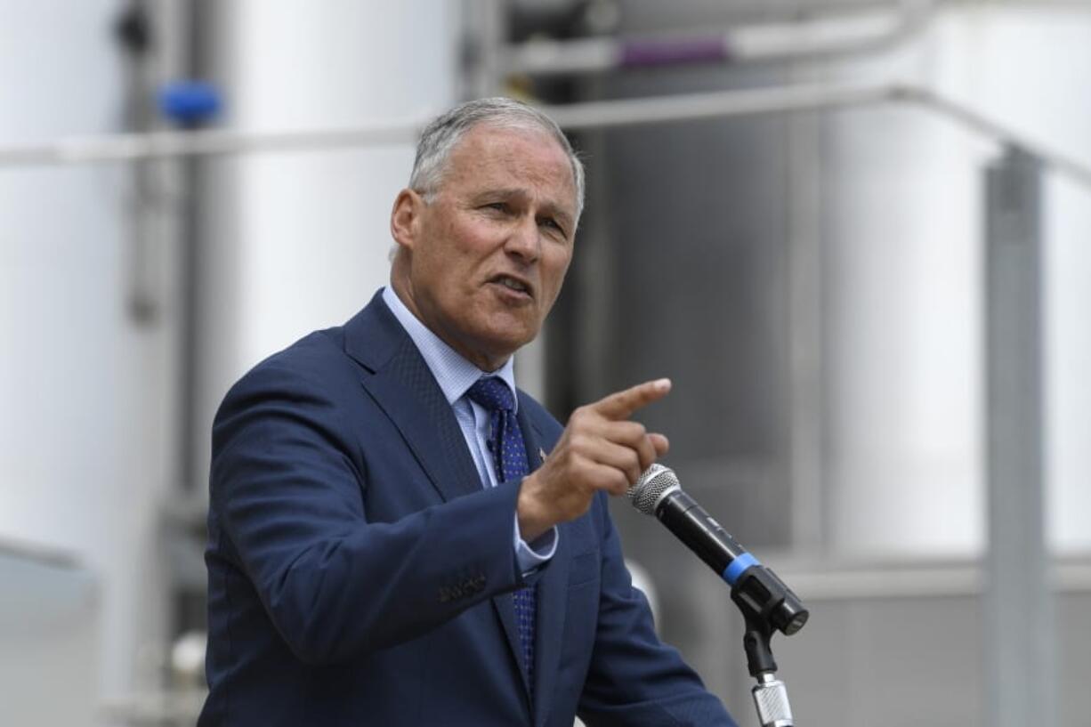 Democratic Presidential candidate Washington Gov. Jay Inslee speaks during an event at the Blue Plains Advanced Wastewater Treatment Plant in Washington, Thursday, May 16, 2019, during an event where he unveiled part of his plan to defeat climate change.