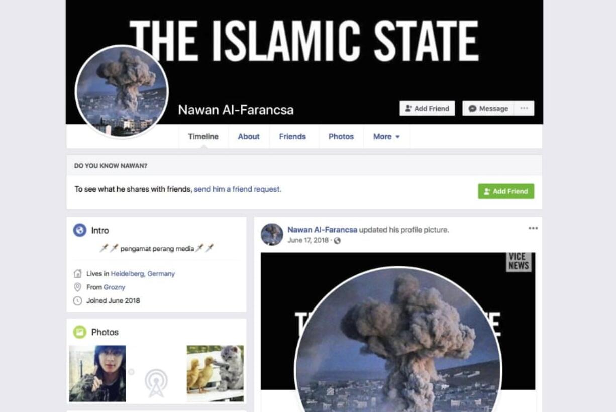 A banner reading “The Islamic State” is displayed on the Facebook page of a user identifying himself as Nawan Al-Farancsa. The page was still live Tuesday, May 7, 2019, when the screen grab was made. Facebook says it has robust systems in place to remove content from extremist groups, but a sealed whistleblower’s complaint reviewed by the AP says banned content remains on the web and is easy to find.