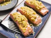 Salmon with Leeks and White Wine (Carl Tremblay/America’s Test Kitchen via AP)