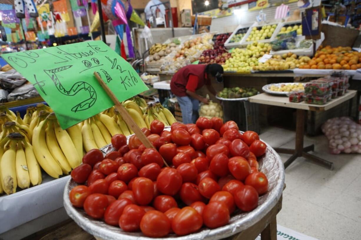 Mexican tomatoes are displayed for sale at a produce stand on Feb. 2, 2017, in Mercado Medellin in Mexico City.