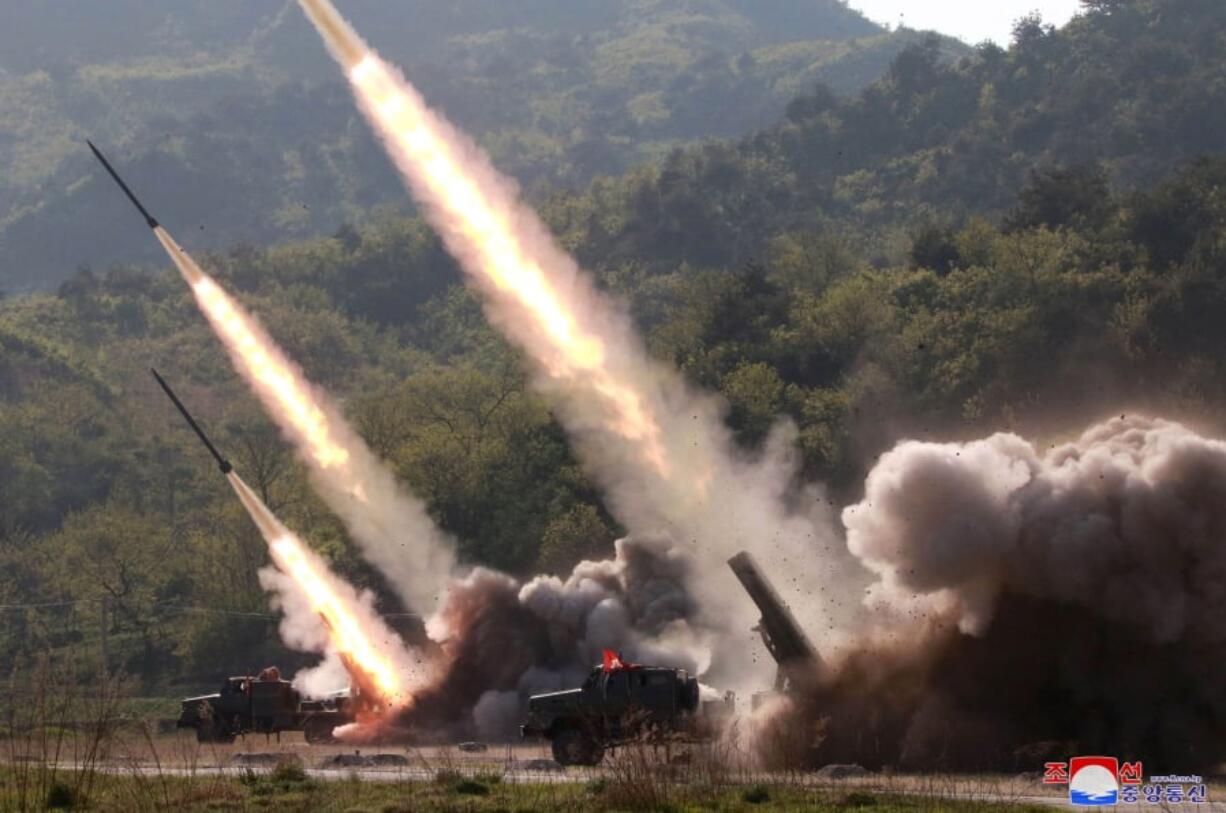 This Thursday, May 9, 2019, photo provided Friday, May 10, 2019, by the North Korean government shows a test of military weapon systems in North Korea. North Korea fired two suspected short-range missiles toward the sea on Thursday, South Korean officials said, its second weapons launch in five days and a possible warning that nuclear disarmament talks with Washington could be in danger. Independent journalists were not given access to cover the event depicted in this image distributed by the North Korean government. The content of this image is as provided and cannot be independently verified. Korean language watermark on image as provided by source reads: “KCNA” which is the abbreviation for Korean Central News Agency.