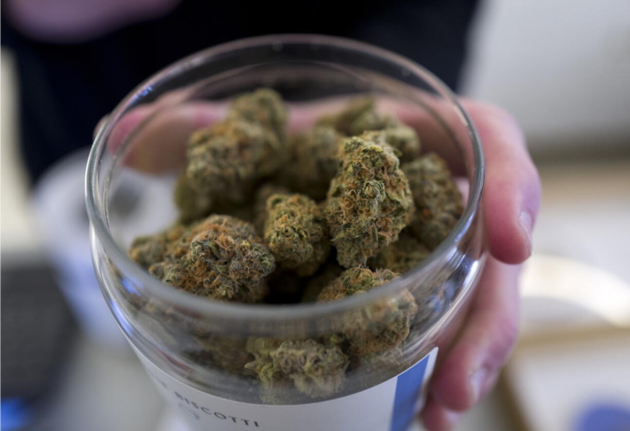 A budtender shows a top cannabis strain on Feb. 7 at Serra, a dispensary in Portland.